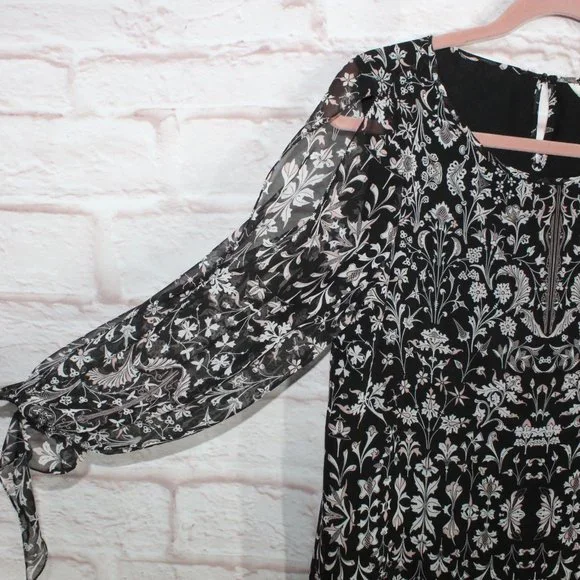 NEW Max Studio Black 100% Polyester Floral Cold Shoulder Sleeves Dress Size M - Picture 4 of 11
